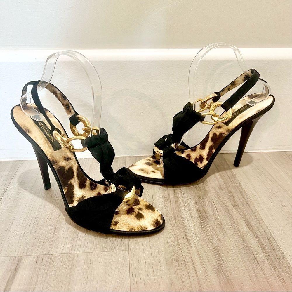 Roberto Cavalli Black and Gold Heels with Animal Print sz 11/41 - Picture 8 of 11